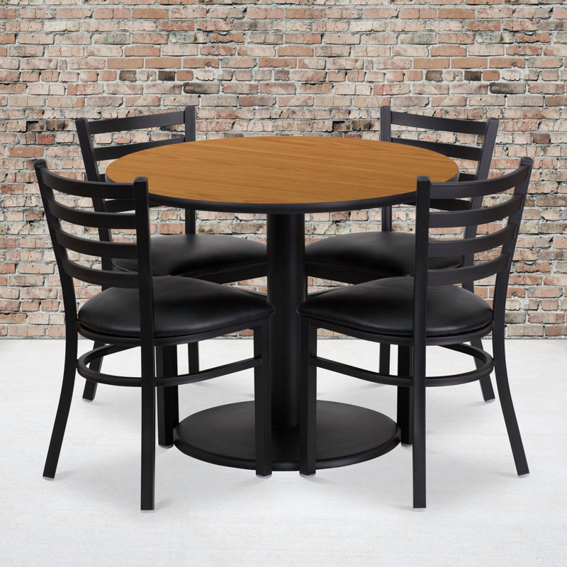 Neelam 36'' Round Laminate Table Set with Round Base and 4 Ladder Back Metal Chairs, Natural, Black Faux Leather