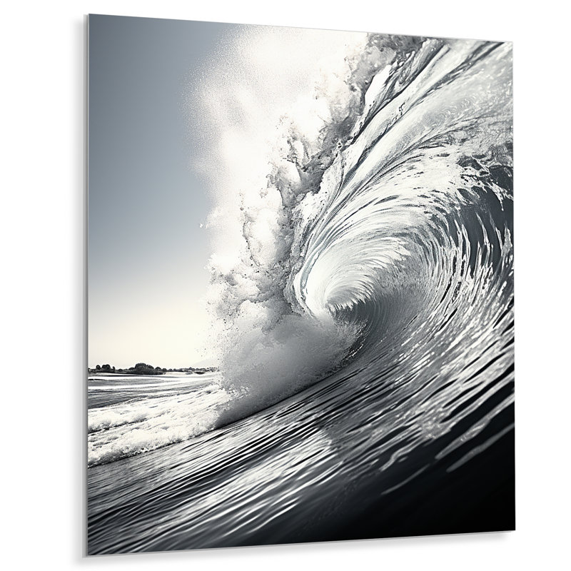 Vague noire et blanche photo II - art mural nautique et plage en métal, H 20 po x l 12 po