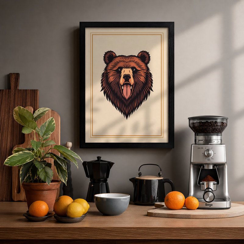 Woodcut Bear Rustic - Framed Print, Black, A3 - 42.0 x 29.7 cm