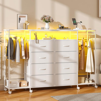 59.1" W Dresser for Bedroom with Hanging Rack, 8 Drawer Dresser with LED Lights & Charging Station, Fabric Dressers with Portable Wheels,Metal Frame, Wooden Top