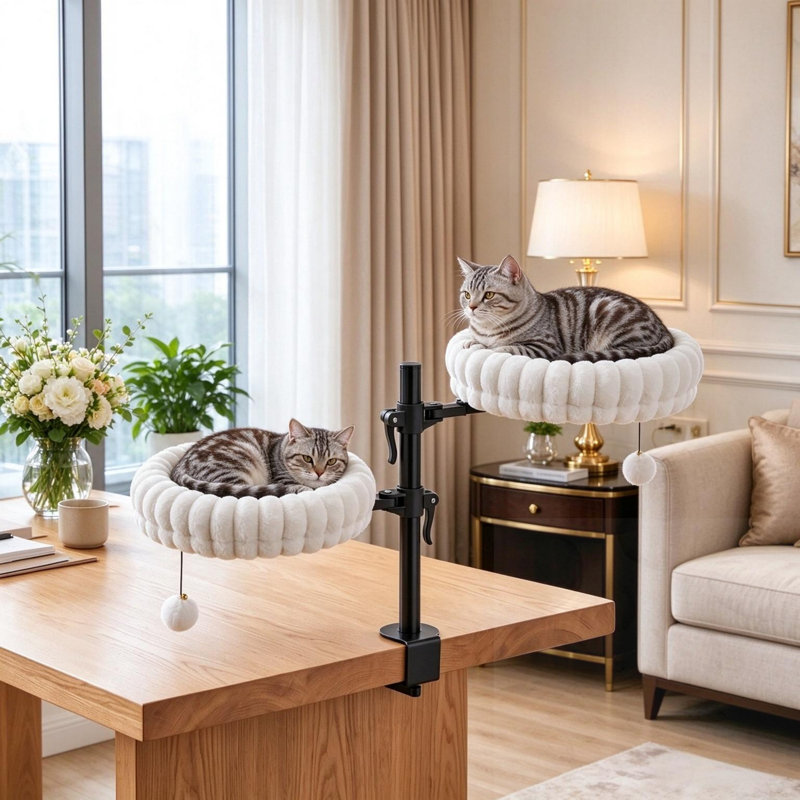 Indoor Cat Desk Hammock Bed with 2 Removable Beds and 2 Hanging Balls