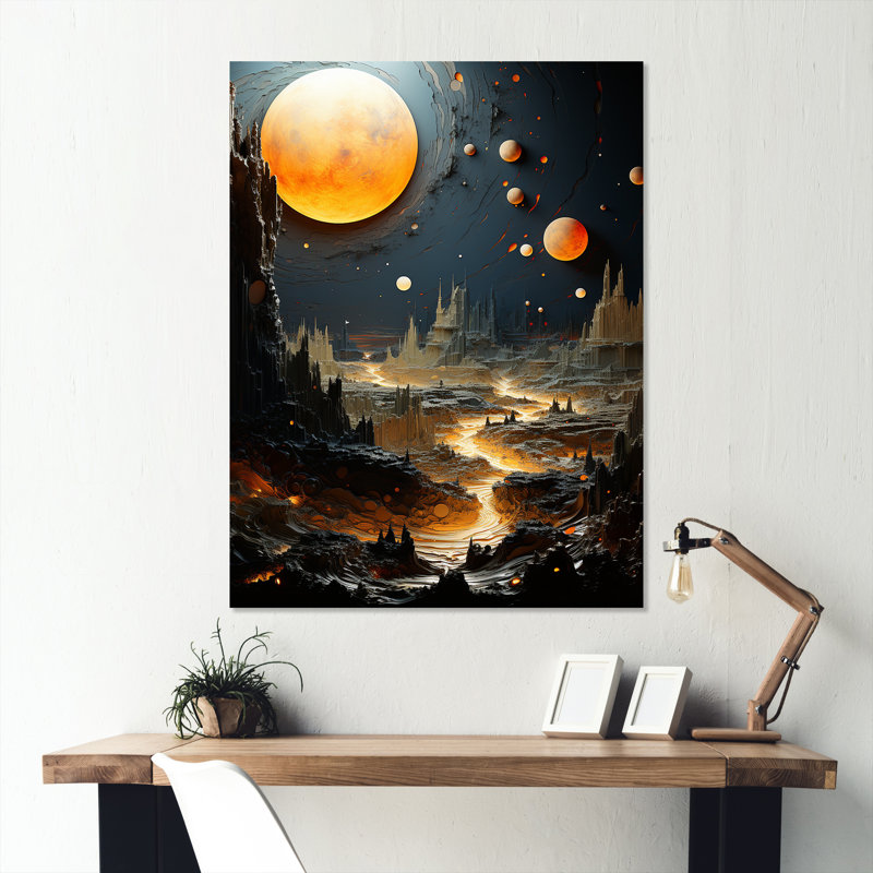 Céleste planète dorée dans un système solaire I - art mural en métal Planète de l'espace, H 32 po x l 16 po x P 1 po