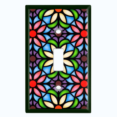 Metal Light Switch Plate Outlet Cover (Stained Glass Colourful Flower Print - Single Toggle)