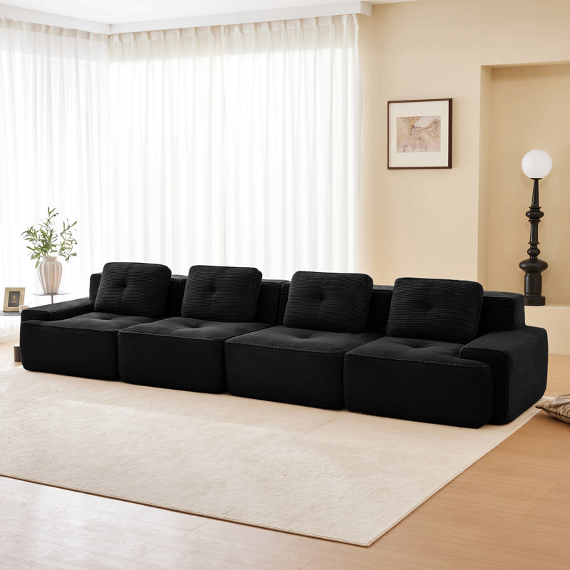 Canapé modulaire de 153 po pour salon en tissu de velours côtelé de 153 po, canapé 4 places avec assise profonde, Noir