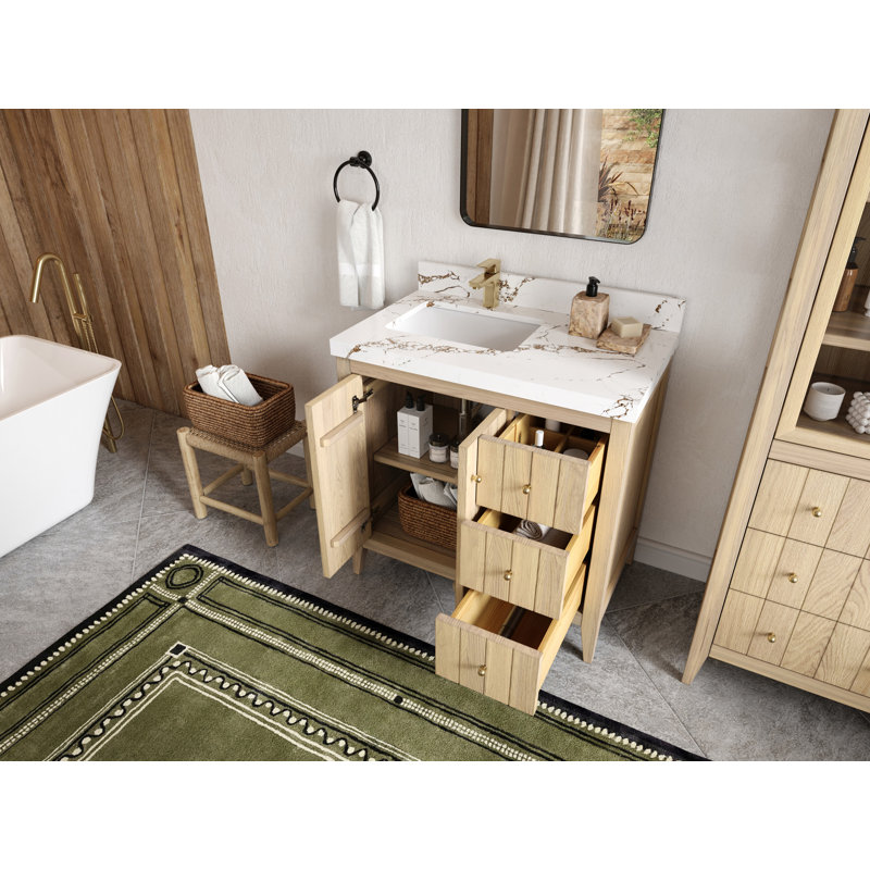 Atlanta White Oak Wood 36 In. W X 22 In. D Left Offset Sink Bathroom Vanity With 2 In. Frosty Carrara Quartz, Calacatta Laza