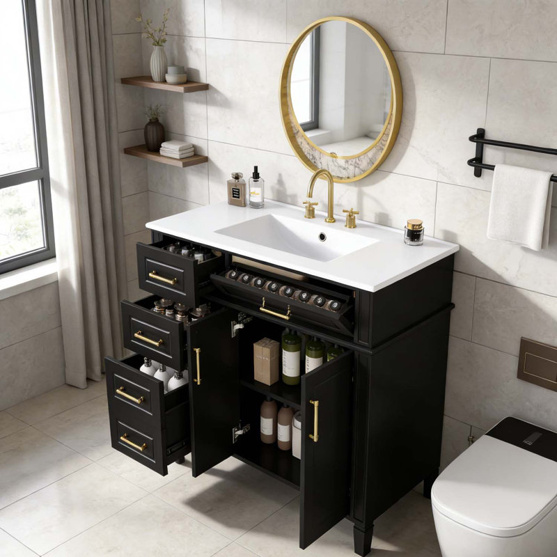 36 Inch Bathroom Vanity with Sink,Soft-Close Hinges, Black