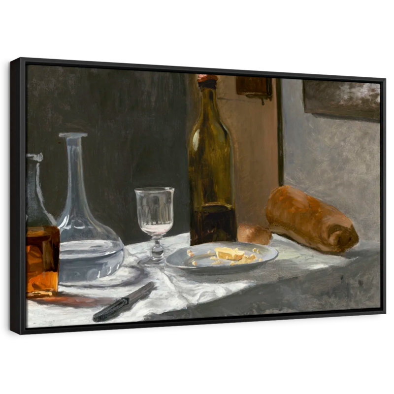 "Nature morte avec bouteille de carafe à pain et vin 1862-1863", H 29 po x l 43 po