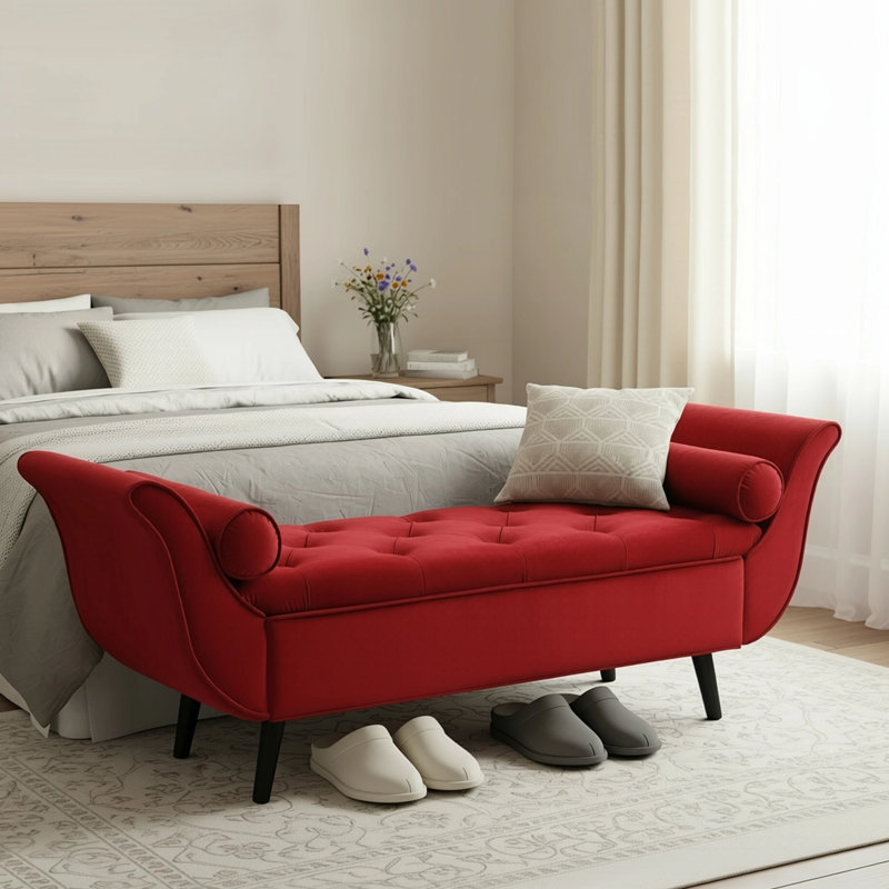 Velvet Upholstered Storage Bench, Red