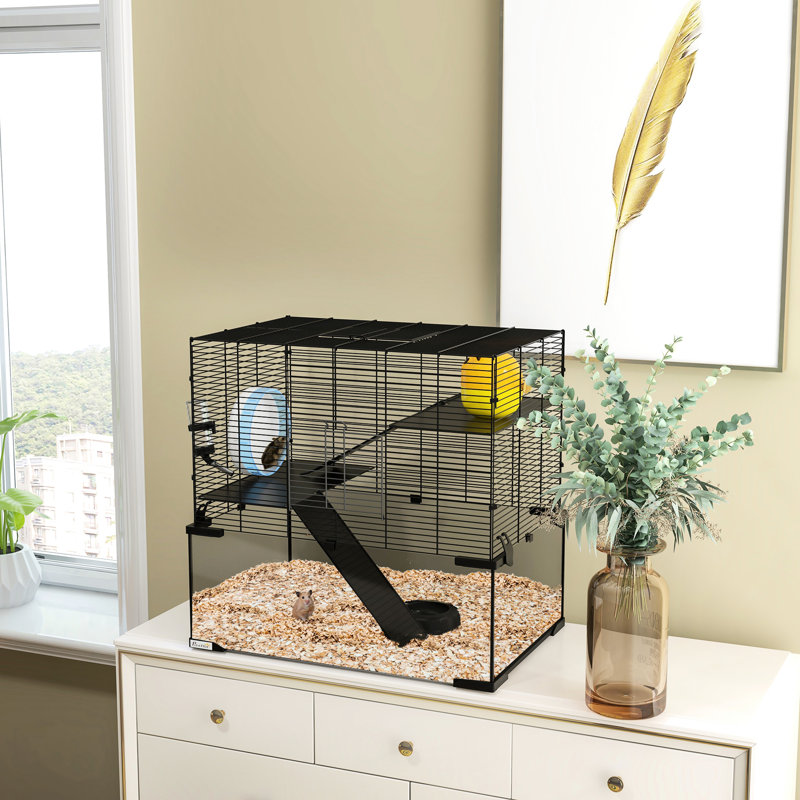 Cage à gerbille et hamster avec bassin en verre, rampes, plateformes, cabane et roue d'exercice, pour petits hamsters, noir