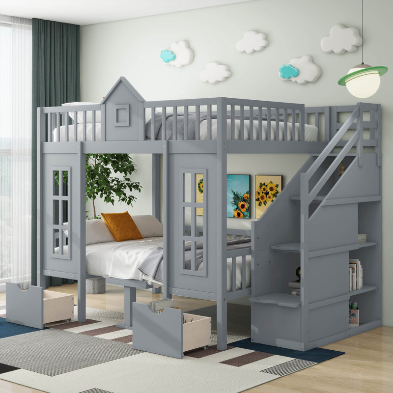 Geraine Bunk Bed with Changeable Table, Bunk Bed Turn into Upper Bed and Down Desk, Full Over Full, Gray