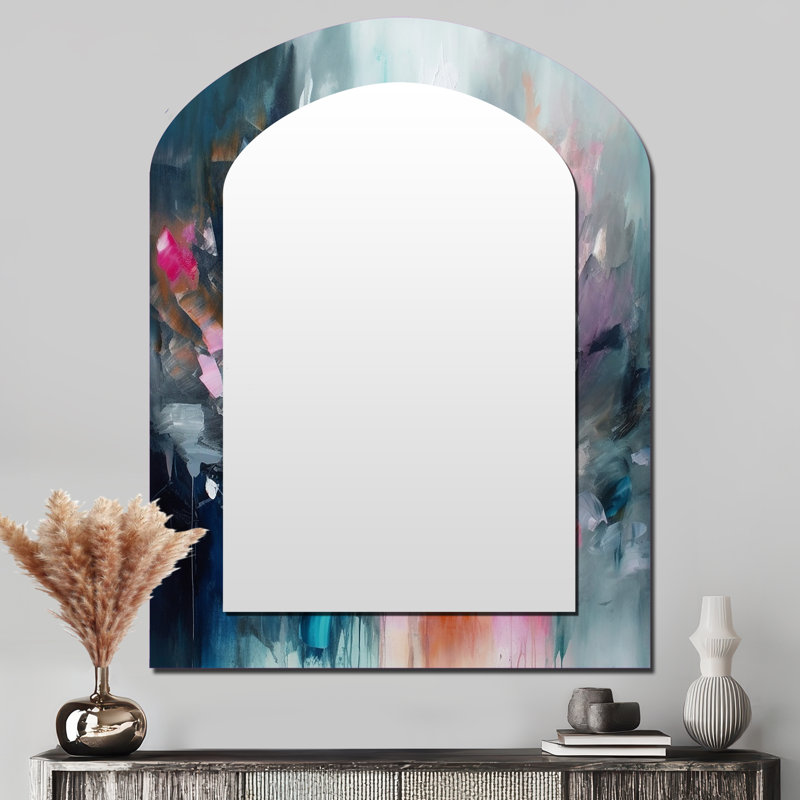 «Blue and Pink Explosion Abstract», miroir décoratif à arc abstrait, miroir mural asymétrique moderne, impression sur métal