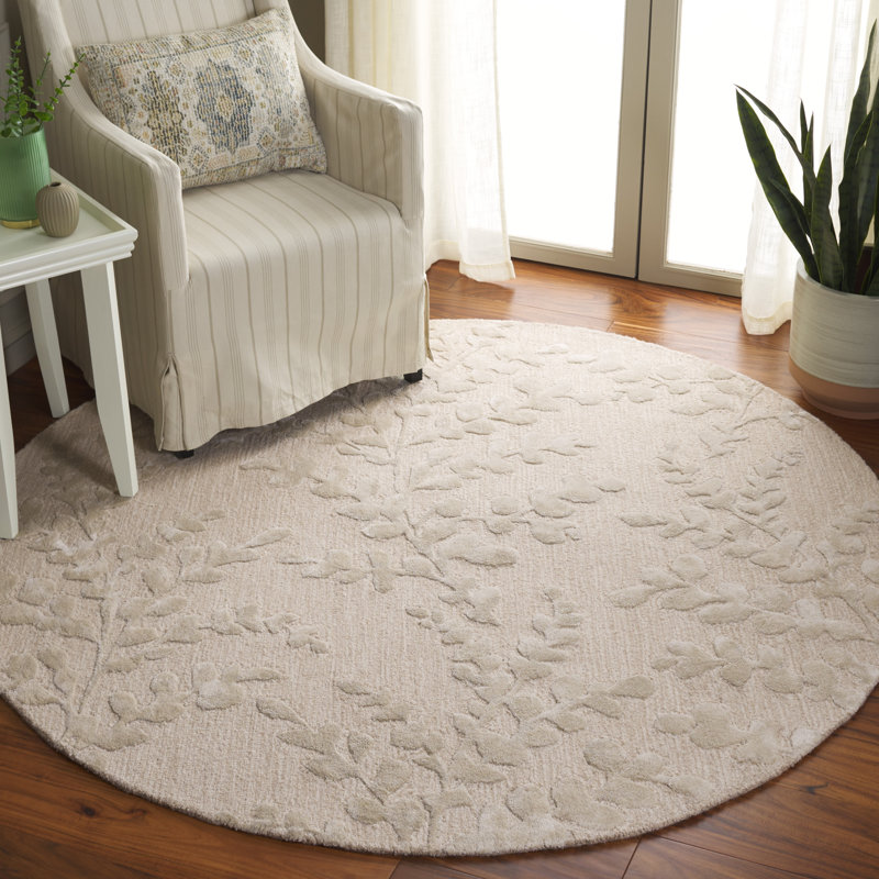 Tapis beige en laine, viscose et coton touffeté à la main Helan, Rond 6 pi