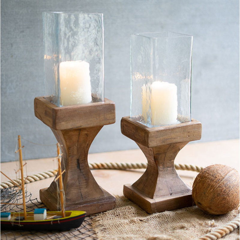  Square Hurricanes with Recycled Wood Bases 17" H Rustic Farmhouse Candle Holders, Set of 2