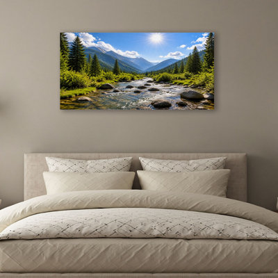 Canvas Wall Art Mountain River Landscape Evergreen Trees Vibrant Sunshine Wall Decor for Living Room Bathroom Bedroom Office 20"H x 40"W Art Paintings