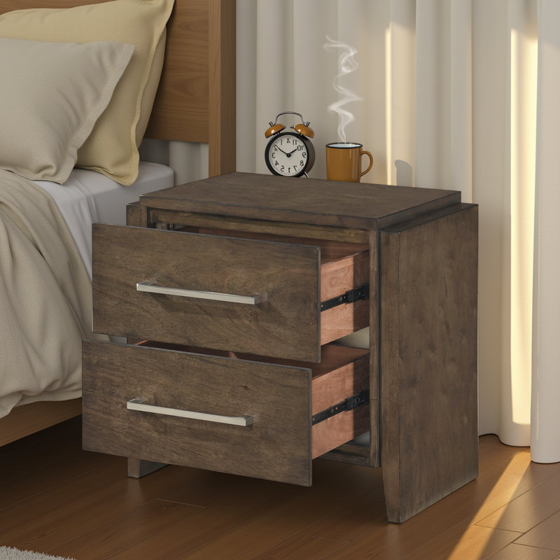 Table de chevet transitionnelle en noyer foncé - 2 tiroirs en bois d'hévéa massif (aucun assemblage requis)?