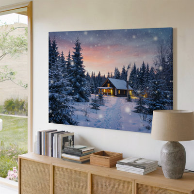 Canvas A Cozy Log Cabin Nestled In A Serene Winter Landscape Wall Art Surrounded By Tall Snow Covered Evergreen Trees Soft White Canvas Wall Art