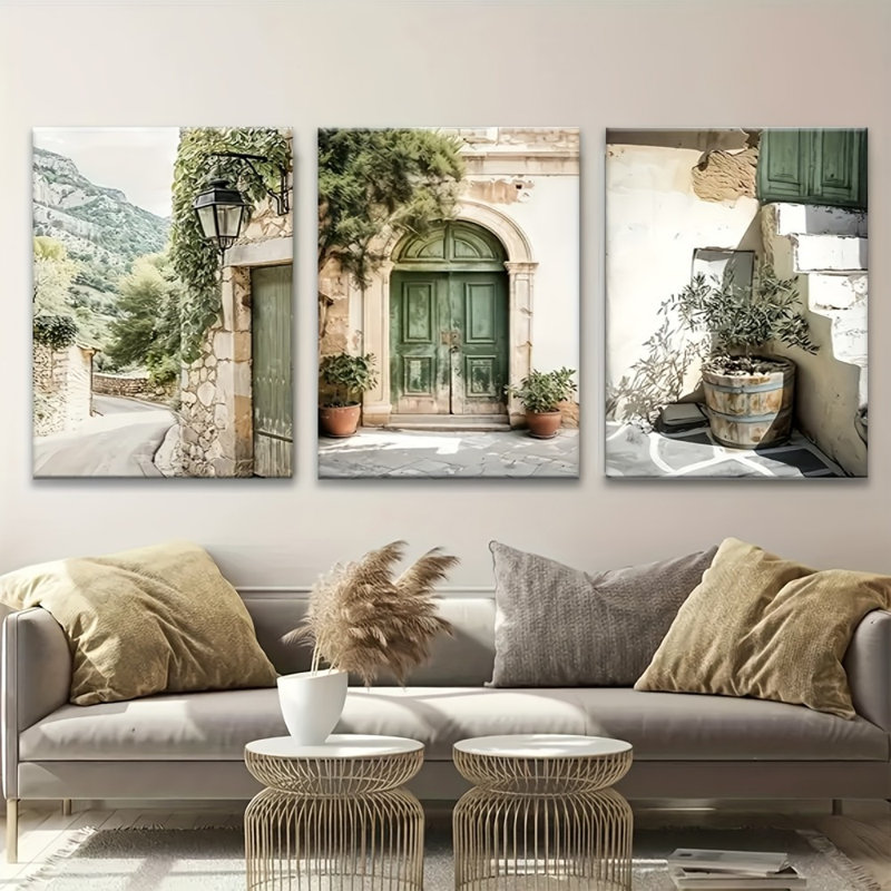«Rustic Mediterranean Alley», reproduction sur toile 3 pièces - Cozy Living Space, 18 x 12 pouces 3 pièces