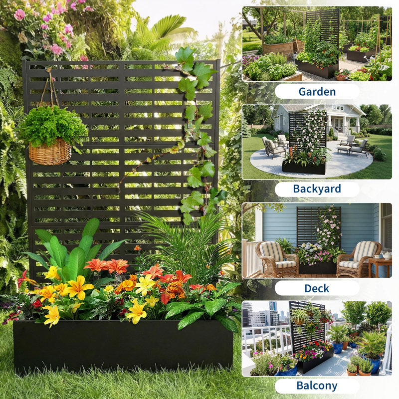 Metal Raised Garden Bed with Trellis & Privacy Screen, 70x45x15 Galvanized Planter Box with Drainage Holes for Patio, Black