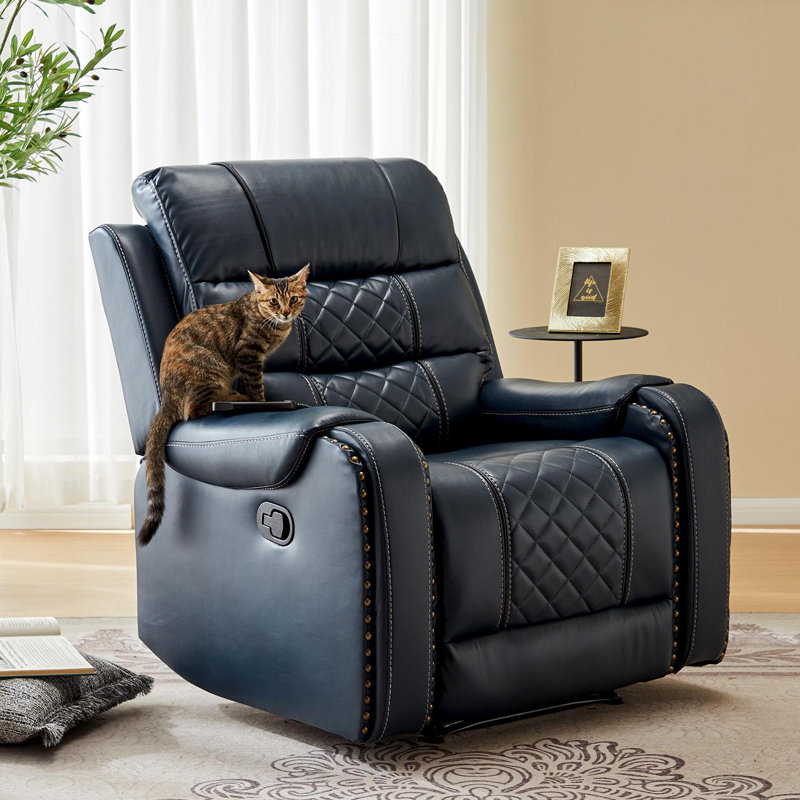 PU Leather Manual Massage and Heat Recliner Chair Single Sofa with Diamond Stitching, Blue