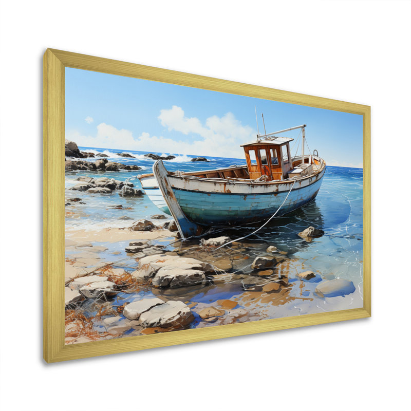 «Anchored Boat I», reproduction sur toile, H 16 po x l 32 po x P 1 po, Encadrement doré