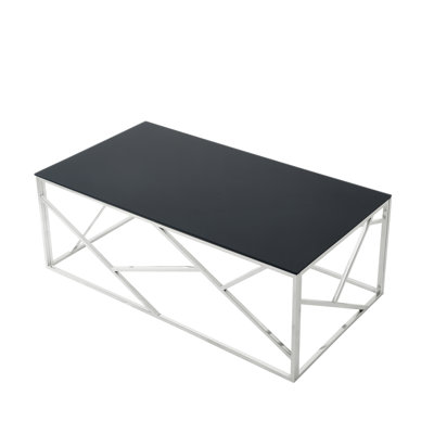 Rectangular Coffee Table With Black Tempered Glass Top And Stainless Steel For Living - Room & Bedroom, Steel, Finish
