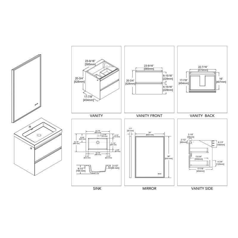 Ensemble de meuble-lavabo simple 24 po avec miroir Fahriye, Blanc Calacatta
