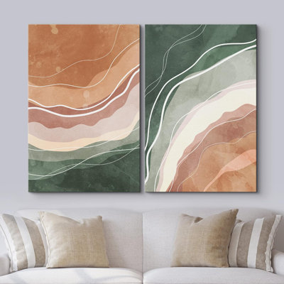 " Green and Brown Watercolor Color Waves Abstract Shapes Modern Chic " 2 Piece Art Graphic Art Print