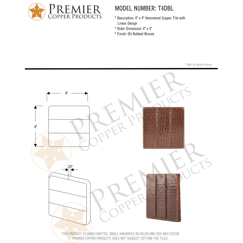 4" x 4" Hammered Copper Tile with Linear Design