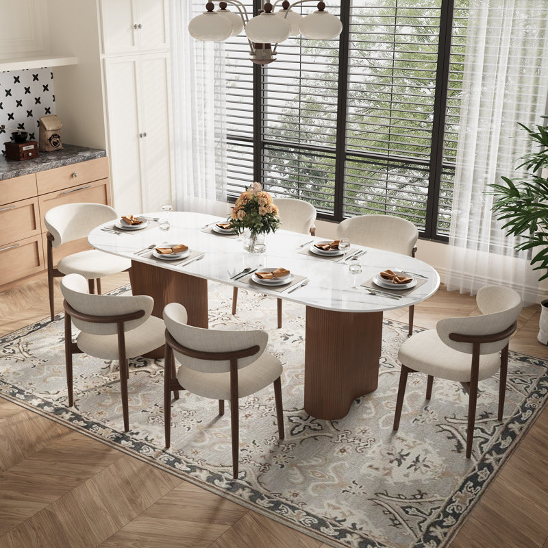 Ensemble de table de salle à manger 71 "ovale blanc moderne avec 6 chaises, Brun