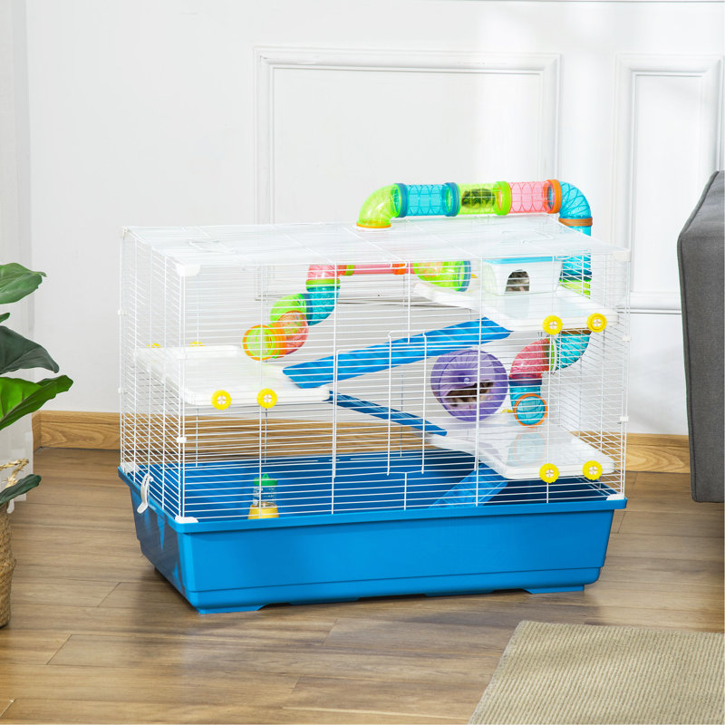 Très grande cage à hamster 31 "avec tubes et tunnels, cage à 4 niveaux pour petits animaux avec poignées de transport portables, cage à gerbes avec bouteille d'eau, plat à nourriture, roue d'exercice