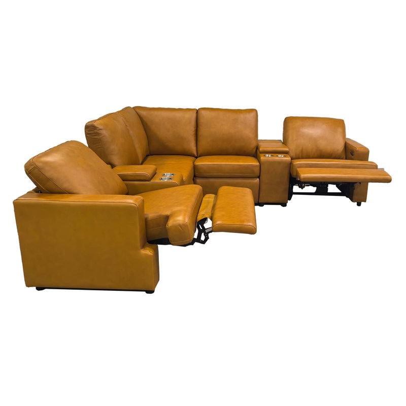 Nterklastone Leather Match Power Recline Sectional, Ginger Leather Match