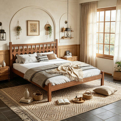 Solid Bamboo Platform Bed with Diamond Cutout Headboard, Low‑Profile Bamboo Platform Bed with Wood Slats support and No Box Spring Needed for Apartment, Queen Size, Brown