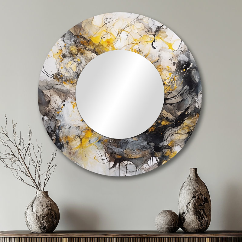 Yellow Grey Marble Symphony II - Abstract Decorative Mirror, Yellow Round Wall Mirror, Printed Metal Art, 29" x 29"