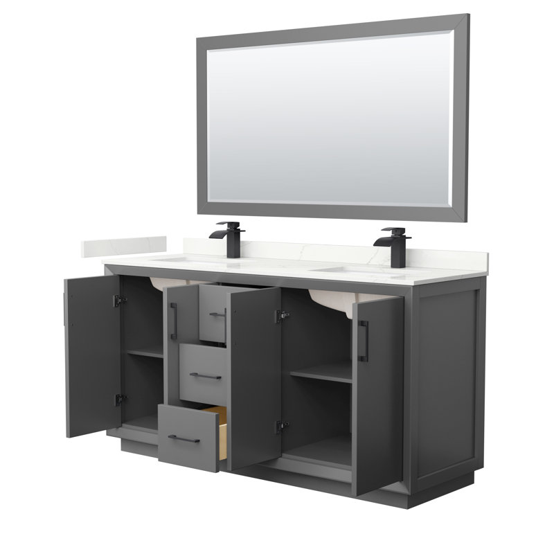 Strada 66'' W Double Vanity, Dark Gray, Giotto Quartz, Satin Bronze