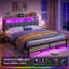 Lit plateforme moderne en bois et métal avec tête de lit rembourrée, éclairage DEL, station de recharge et rangement sous le lit-652386853-652386863