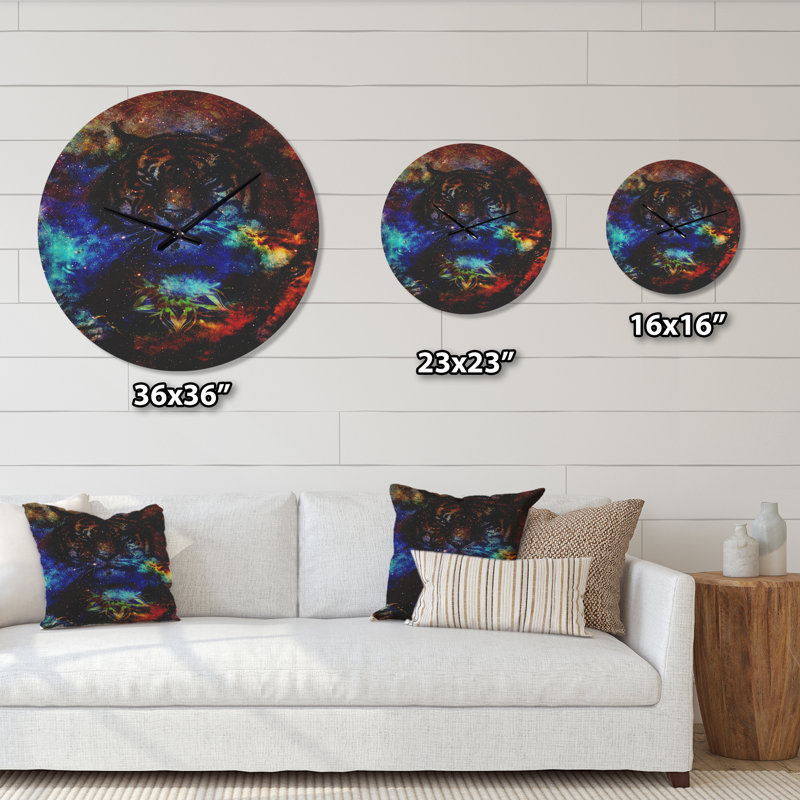 Collage de tigre coloré - horloge murale moderne en bois, Très grand