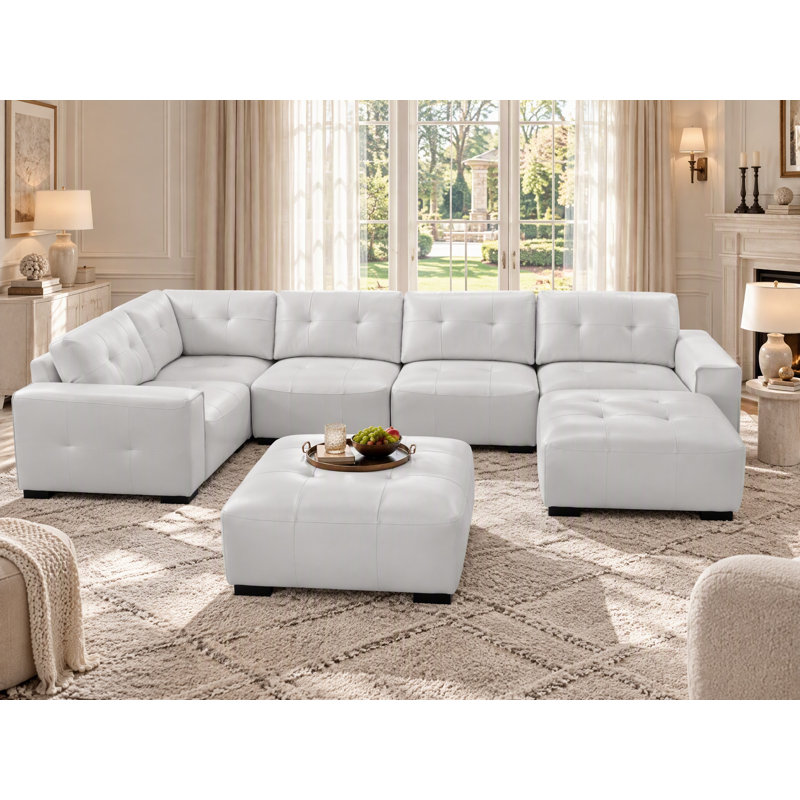 7 Piece Breathable Leather Sectional Modular Sofa with Two Removable Ottomans, Snow White Faux Leather