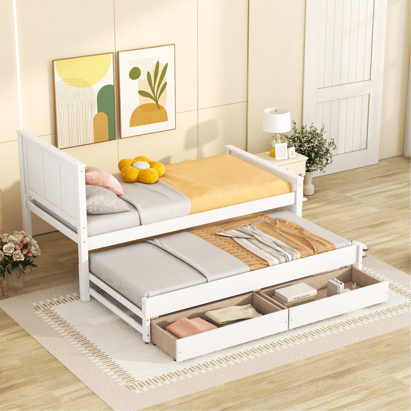 Lit plateforme simple avec lit gigogne et tiroirs, blanc