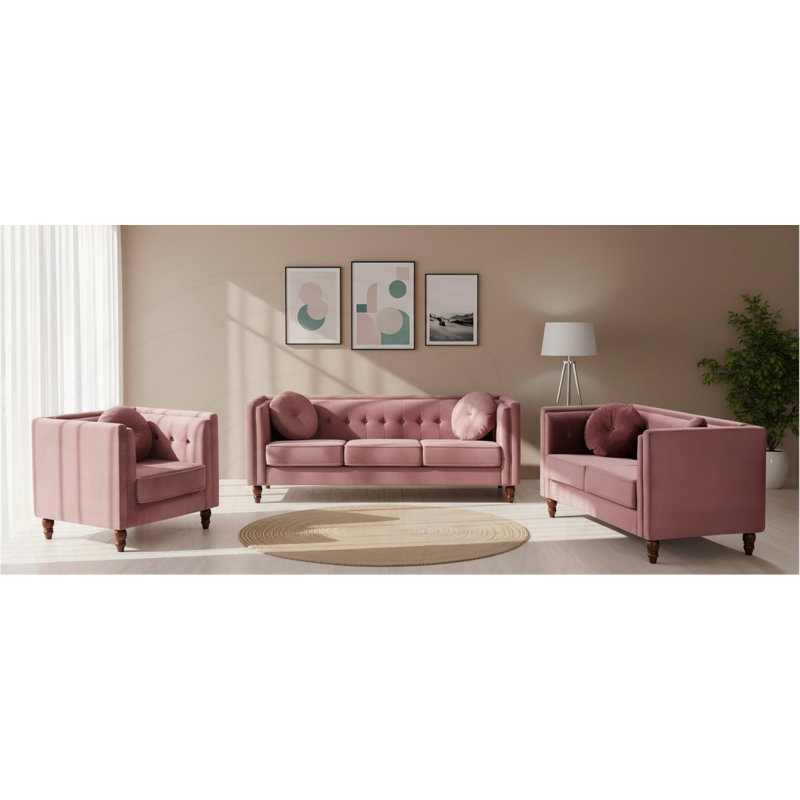 Canapé Chesterfield classique avec design capitonné et accoudoirs carrés, Velours rose