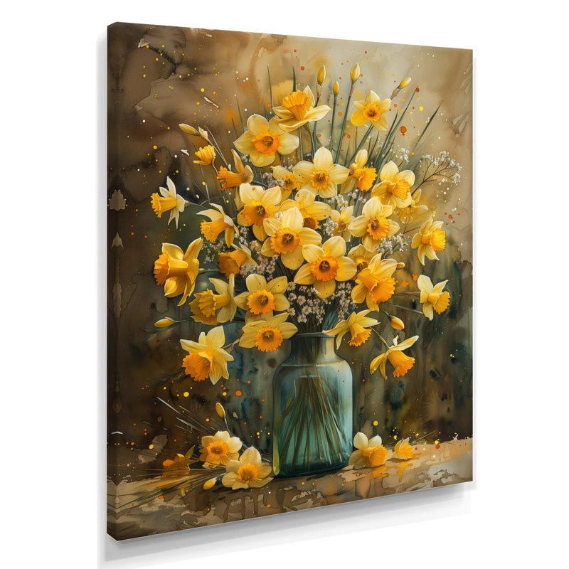 Jonquilles de ferme jaune dans un vase I - Décoration murale jonquilles, Toile tendue, H 24 po x l 32 po