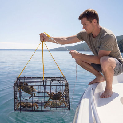 Crab Trap, 24.4x24.4x11.8 inch Heavy Duty Large Crab Pot Trap for Dungeness, Black PVC Coated Wire Mesh for Stealth, with Gauge, Red/White Float, 100ft Leaded Core Rope, and Gloves