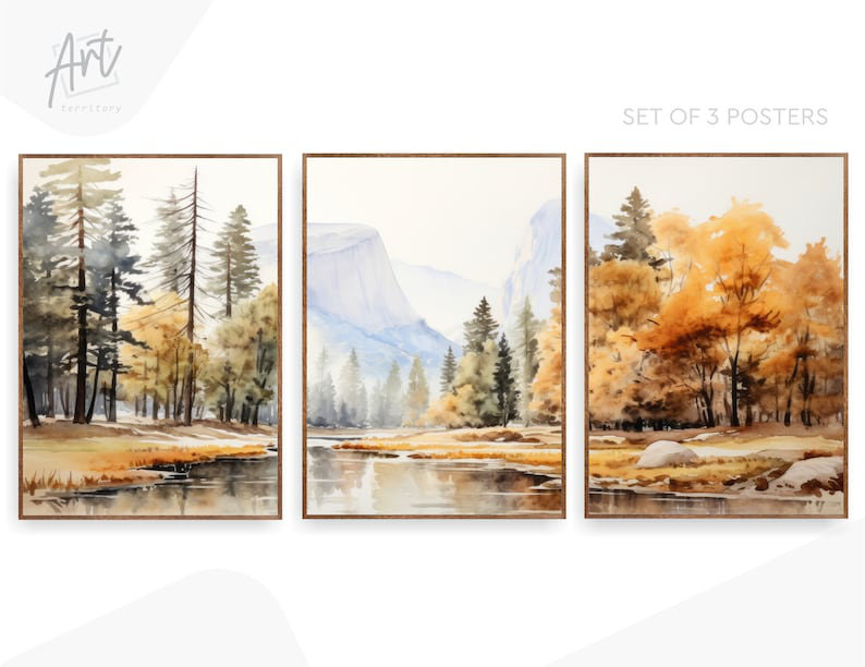 Ensemble de 3 impressions murales Yosemite National Park, Mountains Fall, Toile tendue, H 20 po x l 48 po x P 0,75 po