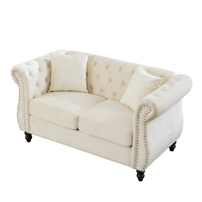 Canapé Chesterfield de 58,8 po avec dossier capitonné et accoudoirs roulés, garniture cloutée, comprend deux coussins