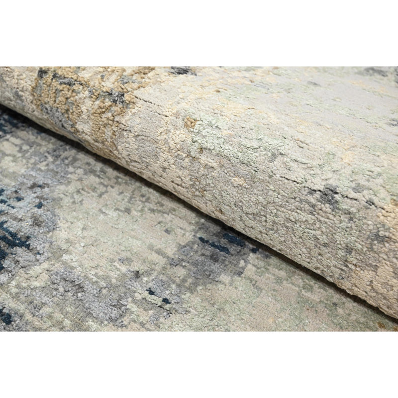 Hand Knotted Abstract Area Rug in Beige/Gold/Navy