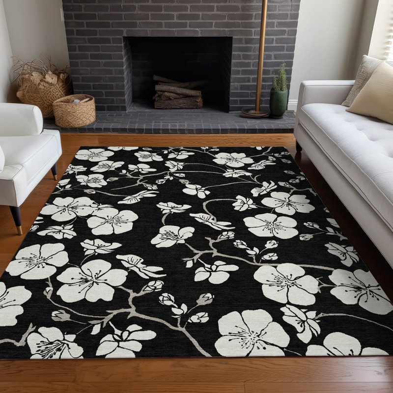 Black Floral Synthetic Rectangular Washable Rug 2'6" x 3'10"