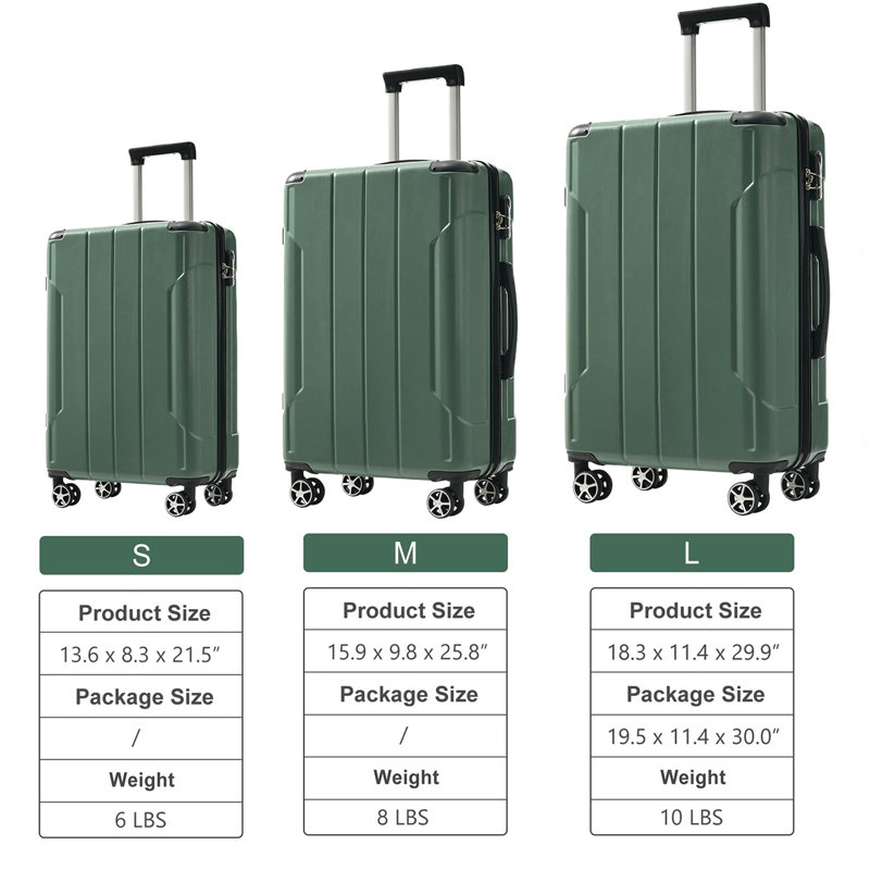 Ensembles de bagages 3 pièces, valises rigides durables en ABS rigide avec roues pivotantes doubles 20/24/28 pouces (vert)