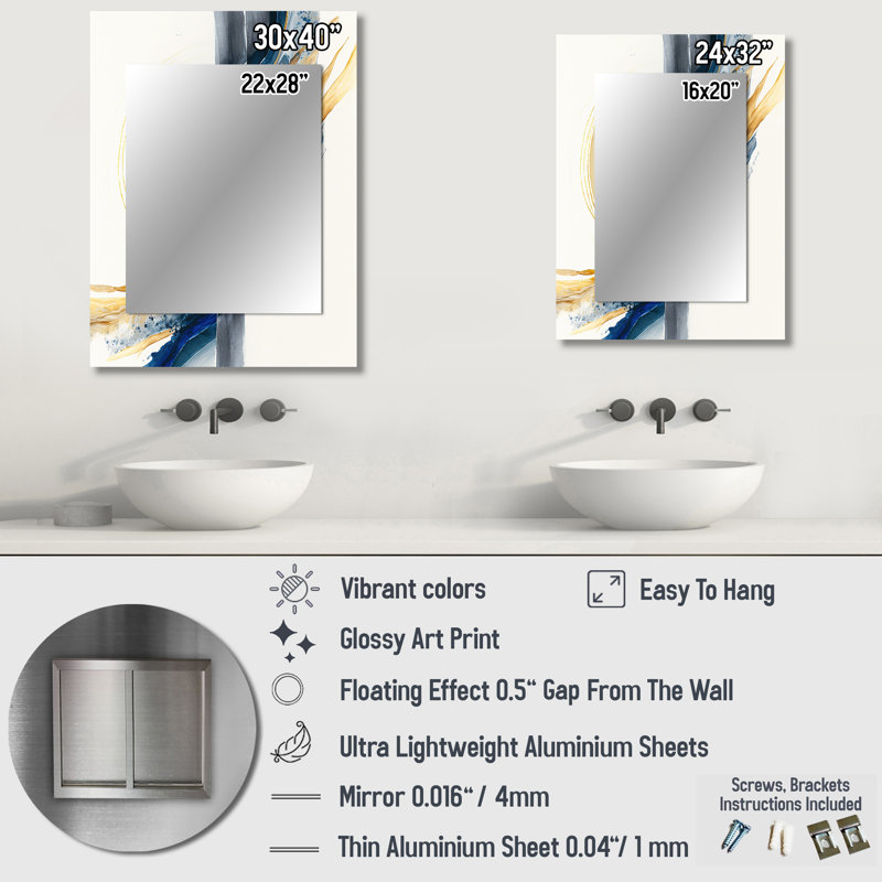Blue And Gold Swirl Abstract V - Abstract Spirals Mirror, Blue Unique Wall Mirror, Printed Metal Art, 32" x 24"