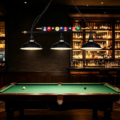 3-Light Billiard Pool Table Light with Black Matte Metal Shades and Billiard Ball Decor, Adjustable Height Hanging Fixture for Billiards Room, Snooker Table, Kitchen Island