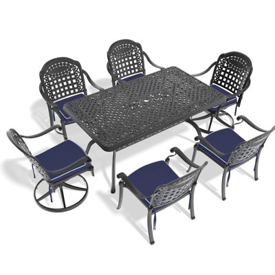 All-Weather 7 Dining With Aluminum Chairs & Rectangular Table, Black Frame, , Ergonomic, Seating For 6 Setup Chairs, 2 Swivel, 4 Dining, Black, Protected, Seats