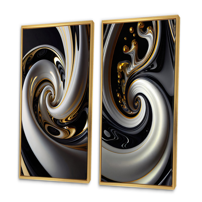 "Vitrail doré noir et blanc III", 2 pièces sur toile, Encadrement doré, H 32 po x l 32 po